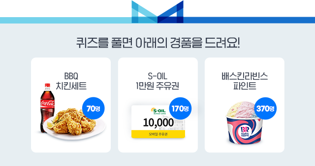 퀴즈를 풀면 아래의 경품을 드려요! [BBQ 치킨세트(70명), S-OIL 1만원 주유권(100명), 배스킨라빈스 파인트(400명)]